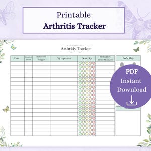 May include: Printable arthritis tracker with a green and white design. The tracker includes sections for date, location, suspected trigger, symptoms, severity, medication/relief measures, and a body map.