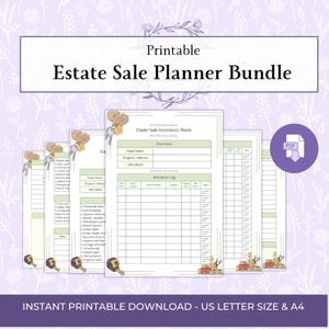 Op de afbeelding: Een printbare boedelverkoop-plannerbundel met meerdere documentpagina's met inventarislijsten, overzichtssecties en checklists. De pagina's bevatten illustraties van kartonnen dozen, sleutels en meetlinten, met de tekst Estate Sale Planner Bundle.