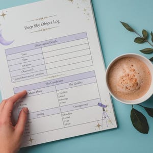 May include: A white paper sheet titled Deep Sky Object Log with purple headers and celestial illustrations including a crescent moon, stars, and a telescope. The form contains sections for observation details, sky conditions, and sky quality.