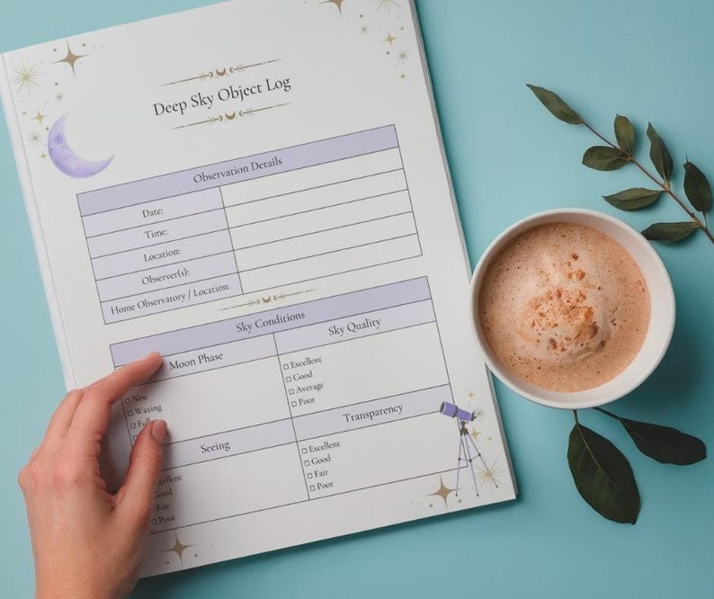 May include: A white paper sheet titled Deep Sky Object Log with purple headers and celestial illustrations including a crescent moon, stars, and a telescope. The form contains sections for observation details, sky conditions, and sky quality.