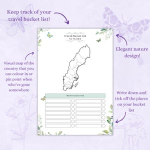 Puede incluir: Lista de viajes imprimible para Suecia con un mapa del pa&iacute;s, una lista de lugares para visitar y un dise&ntilde;o inspirado en la naturaleza.