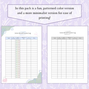 May include: Two printable Active Recall Practice Log sheets. One sheet has a colorful design with green, pink, and blue accents. The other sheet is a minimalist version. Both sheets have the text "Active Recall Practice Log" at the top.