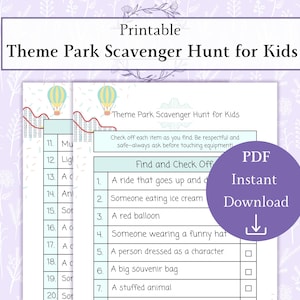 Theme Park Scavenger For Hunt Kids Printable PDF, Theme Park Game, Kids Vacation Activity, Family Trip Scavenger Hunt