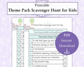 テーマパークの子供向けスカベンジャーハント（印刷可能なPDF）、テーマパークゲーム、子供向け休暇アクティビティ、家族旅行スカベンジャーハント