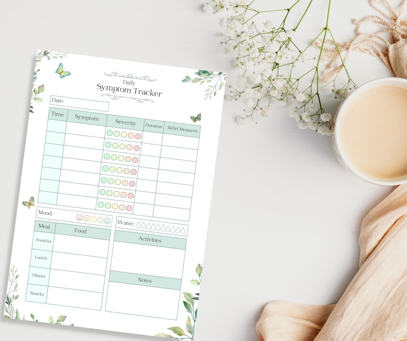 May include: A printable daily symptom tracker with a green and white floral design. The tracker includes sections for date, time, symptom, severity, duration, relief measures, mood, meal, food, water, activities, and notes.