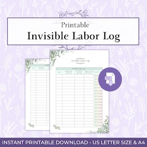 May include: A printable Invisible Labor Log document featuring a table with columns for date, task performed, mental load, and checkboxes. The design includes green eucalyptus leaf accents and a purple PDF icon on a light purple floral background.