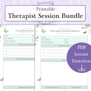 Może przedstawiać: Drukowany zestaw planów sesji terapeutycznych z kwiatowym wzorem i motylami. Plan zawiera sekcje na informacje o kliencie, główne punkty omówione, obserwacje, notatki, punkty do omówienia, techniki do zastosowania i zadania domowe.