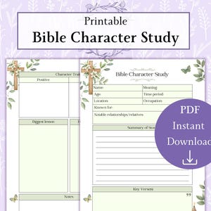 Può includere: Foglio di lavoro di studio dei personaggi biblici stampabile con un design floreale verde e bianco. Il foglio di lavoro include sezioni per il nome, l'età, la posizione, noto per, significato, periodo di tempo, occupazione, relazioni notevoli, lezione più importante, riassunto della storia, versetti chiave e note.
