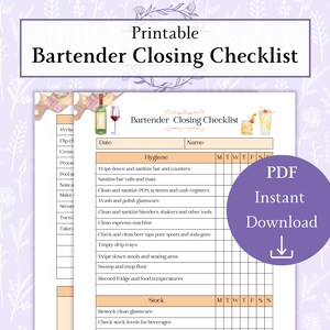 Bartender Closing Checklist Printable PDF | Bar Checklist | Bartender Forms | Sever Closing List Restaurant Printable