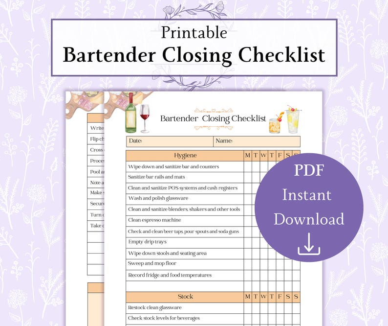 Bar Checklist.pdf Bartender Closing Checklist Printable PDF | Bar Checklist | Bartender ...