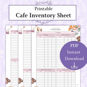 Peut inclure: Feuille d'inventaire de café imprimable avec des sections pour les boissons, la boulangerie, les produits laitiers et les protéines. La feuille est de couleur rose et blanche avec des illustrations à l'aquarelle de café, de thé et de pâtisseries.