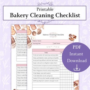 Könnte beinhalten: Druckbare Bäckerei-Reinigungscheckliste mit einer Aquarellillustration von Backwaren. Die Checkliste enthält tägliche und wöchentliche Aufgaben zur Aufrechterhaltung einer sauberen Bäckerei. Ein lila Kreis mit dem Text "PDF Sofort-Download" und einem Pfeil befindet sich rechts.