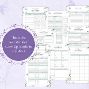 Puede incluir: Un conjunto de p&aacute;ginas de planificador imprimibles con un tema floral. Las p&aacute;ginas incluyen un rastreador de h&aacute;bitos, una lista de verificaci&oacute;n de mejora personal, una lista de verificaci&oacute;n de cuidado personal, un planificador de atuendos, una lista de deseos, una rutina de cuidado de la piel, un rastreador de gastos y un planificador de comidas.