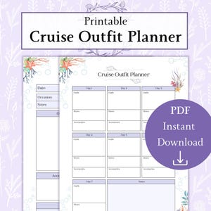 May include: Printable cruise outfit planner with a sea-themed design. The planner has sections for each day of the cruise, with space to list outfits, shoes, and accessories. The planner also includes a section for notes.