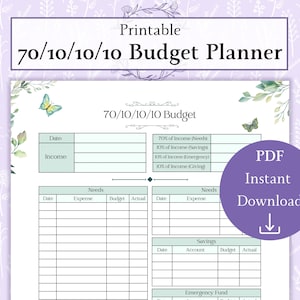 May include: Printable 70/10/10/10 budget planner with a watercolor floral design. The planner includes sections for needs, savings, and an emergency fund. The text "PDF Instant Download" is in a purple circle with a download arrow.