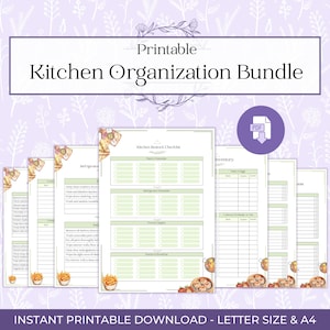 Puede incluir: Un paquete imprimible de organización de cocina con listas de verificación y hojas de inventario. El texto incluye "Kitchen Organization Bundle" y "Instant Printable Download - Letter Size & A4". El diseño presenta un fondo floral y un icono PDF.