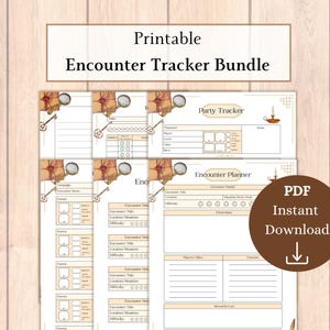 Puede incluir: Paquete de rastreadores de encuentros imprimibles para juegos de rol de mesa. El paquete incluye un rastreador de grupo, un planificador de encuentros y varias hojas de personaje. Las hojas están decoradas con una llave y una lupa de estilo vintage.