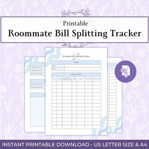May include: A printable Roommate Bill Splitting Tracker in US Letter size and A4. The design features a light purple floral background with three sheets of paper. The top sheet has a blue and white wave design. The text "Roommate Bill Splitting Tracker" is displayed.