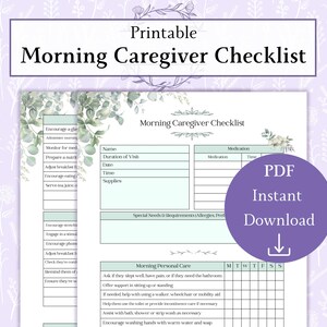 Morning Caregiver Checklist Printable PDF | Caregiver Daily Log | Weekly Care Log | Personal Care Log | Elder Care Checklist