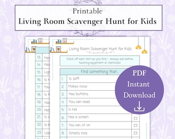 Búsqueda del tesoro para niños en la sala de estar (PDF imprimible), juego de actividades para interiores, ficha de aprendizaje preescolar, búsqueda del tesoro familiar