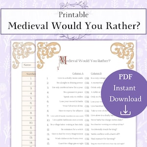 Könnte beinhalten: Druckbares Mittelalterliches Would You Rather-Spiel. Das Spiel enthält eine Liste von Fragen zum Thema Mittelalter in zwei Spalten. Die Worte "PDF Instant Download" stehen in einem lila Kreis mit einem Pfeil nach unten.