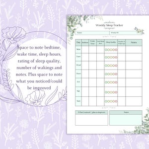 May include: A weekly sleep tracker printable on a white background with a floral design. The tracker includes sections for bedtime, wake time, sleep quality, and notes. The text on the left side of the image says: Space to note bedtime, wake time, sleep hours, rating of sleep quality, number of wakings and notes.
