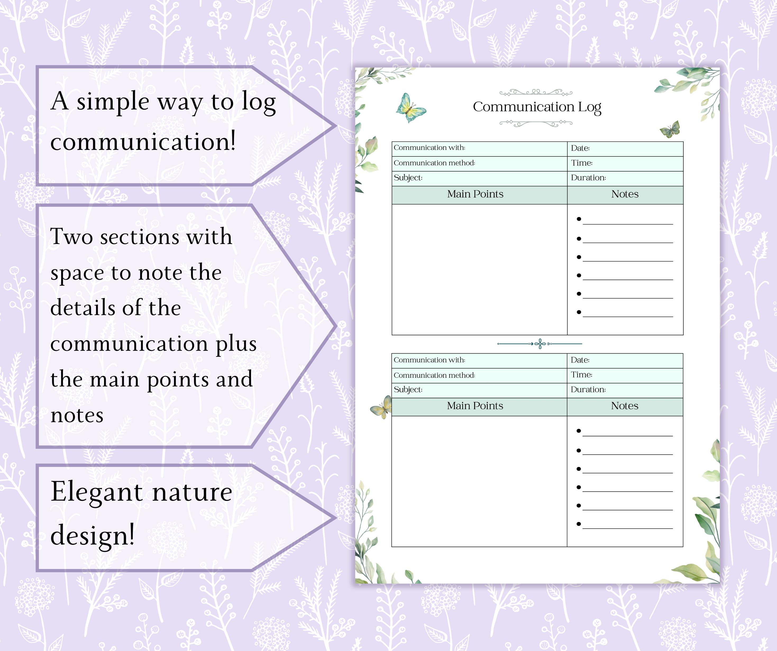 Communication Log Printable PDF | Message Log | Conversation Log | Call ...