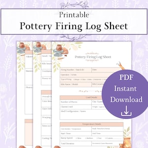 Könnte beinhalten: Druckbares Protokollblatt für das Brennen von Keramik mit Abschnitten für Ofendetails, Ladungsdetails und Temperaturdetails. Das Design enthält Aquarellillustrationen von Keramik und Text.