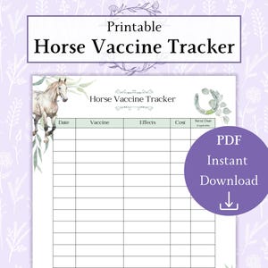 Pode incluir: Rastreador de vacinas para cavalos imprimível com uma ilustração em aquarela de um cavalo branco e uma ferradura. O rastreador tem colunas para a data, a vacina, os efeitos, o custo e a próxima data de vencimento.