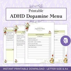 May include: Printable ADHD Dopamine Menu with a floral design. The menu includes sections for quick dopamine boosts and other activities. The text includes "Instant Printable Download - Letter Size & A4".