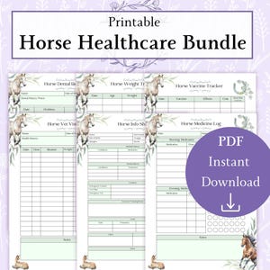 Op de afbeelding: Printbare paarden gezondheidszorgbundel met zes verschillende logbladen. De bladen omvatten een paarden tandrecord, een gewichts tracker, een vaccin tracker, een dierenarts bezoek logboek, een informatieblad en een medicijn logboek. Elk blad heeft een aquarel illustratie van een paard en groene bladeren.