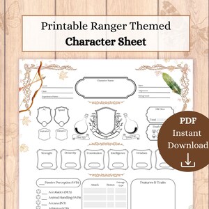 Könnte beinhalten: Druckbare Charakterkarte für einen Dungeons and Dragons Ranger, mit einem braunen und weißen Waldthema mit Bogen und Pfeil, Blättern und einer Feder. Die Karte enthält Abschnitte für Charaktername, Rasse, Ausrichtung, Hintergrund, Stufe, Klasse, Erfahrungspunkte, Trefferwürfel, Stärke, Geschicklichkeit, Konstitution, Intelligenz, Weisheit, passive Wahrnehmung, Angriff, Bonus, Schadensart, Eigenschaften und Merkmale und mehr.