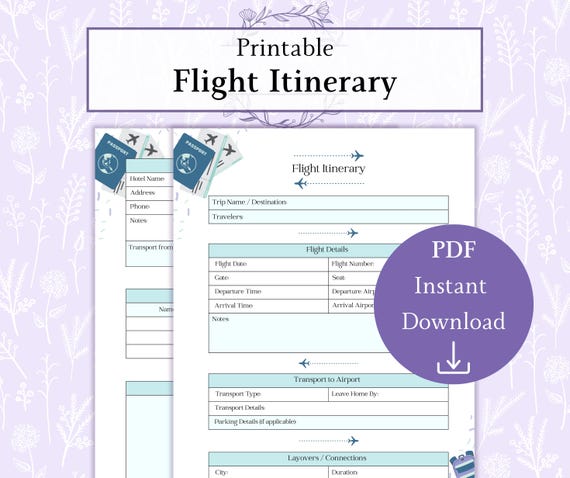 Flight Itinerary Printable PDF | Travel Itinerary | Trip Itinerary | Vacation Planner | Travel Planner | Travel Schedule