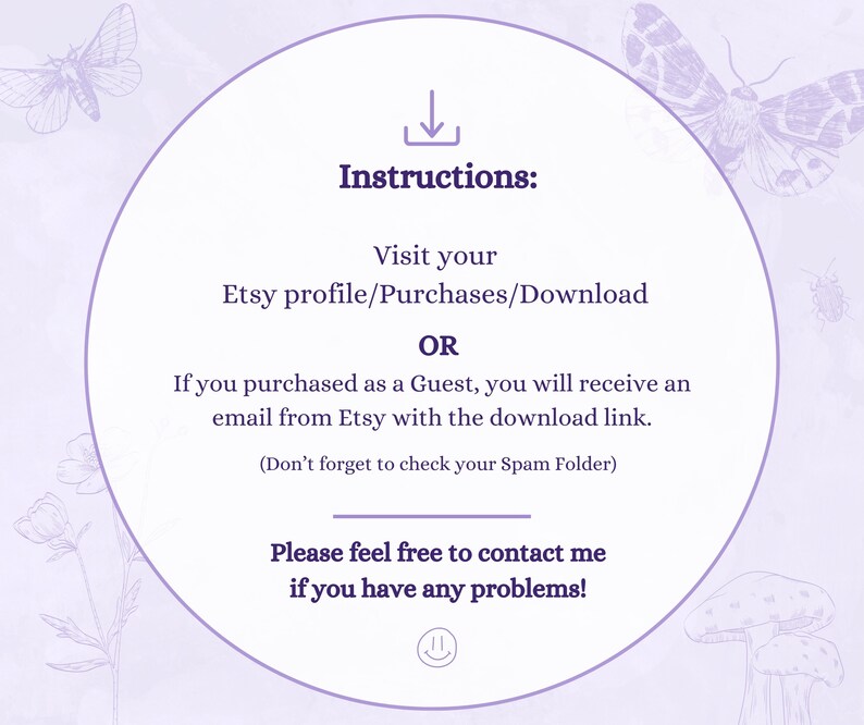 Puede incluir: Gr&aacute;fico morado y blanco con una flecha de descarga e instrucciones sobre c&oacute;mo descargar una compra digital de Etsy. El texto dice "Instrucciones: Visita tu perfil de Etsy/Compras/Descarga O Si compraste como invitado, recibir&aacute;s un correo electr&oacute;nico de Etsy con el enlace de descarga. (No olvides revisar tu carpeta de Spam) &iexcl;No dudes en contactarme si tienes alg&uacute;n problema!"