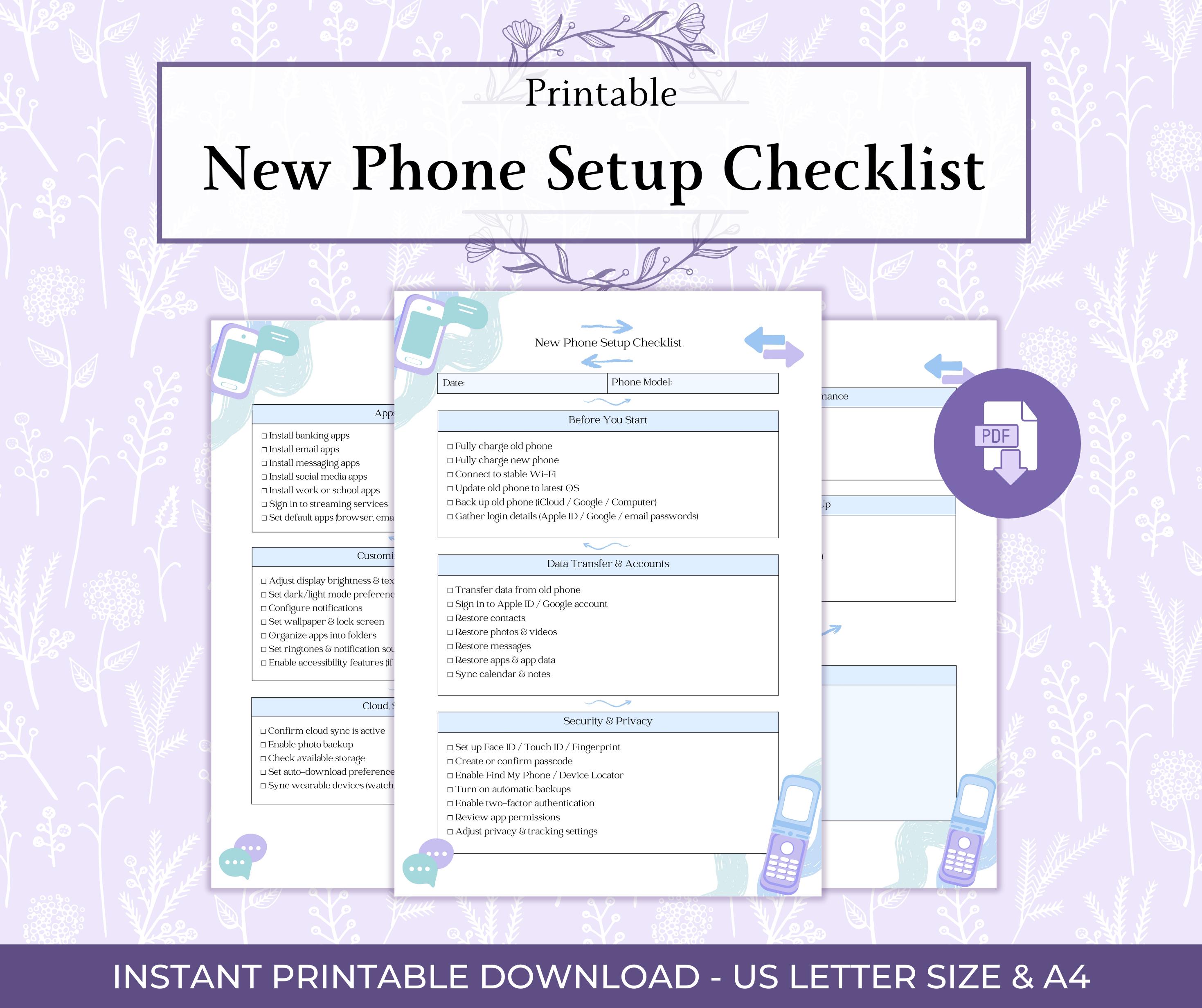 New Phone Set Up Guide New Phone Setup Checklist Printable PDF, iPhone & Android Setup Guide ...