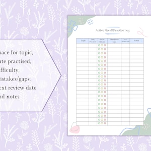 May include: A white Active Recall Practice Log on a lavender background with floral designs. The log includes sections for topic, date practiced, difficulty, mistakes/gaps, next review date, and notes. The text "Active Recall Practice Log" is at the top.