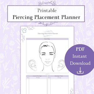 Planerare för piercingplacering utskrivbar PDF, karta över kropps- och öronpiercing, arbetsblad för piercingplanering, guide till smyckeslayout