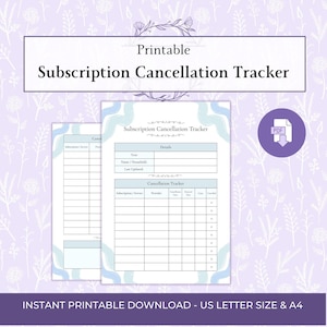 May include: A printable subscription cancellation tracker document featuring a light purple background with white floral line art. The form includes sections for details, subscription service, provider, cancellation date, renewal date, cost, and status.