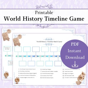 Puede incluir: Juego de línea de tiempo de historia mundial imprimible con un fondo floral púrpura. El juego incluye una línea de tiempo y una lista de eventos históricos. Un círculo púrpura con "PDF Instant Download" está a la derecha. Para fines educativos.