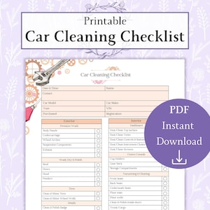May include: Printable car cleaning checklist with a pink and white color scheme. The checklist includes sections for exterior, interior, and details. The checklist is designed to help you keep your car clean and organized.