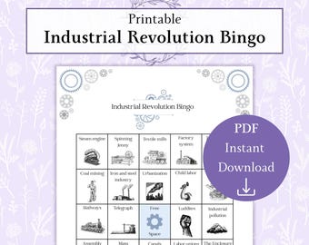 Bingospel industriële revolutie Afdrukbare pdf, geschiedenis klasactiviteit, onderwijsgeschiedenisspel, leermiddel voor thuisonderwijs