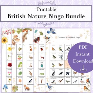 May include: A printable British Nature Bingo Bundle with watercolor illustrations of British wildlife, including birds, insects, and plants. The bundle includes a PDF for instant download. The text on the image says "British Nature Bingo Bundle".