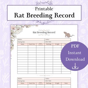 May include: Printable rat breeding record sheet with floral design. The sheet has columns for mother, father, pairing date, litter date, name, buck/doe, tip, markings, weight, and notes.