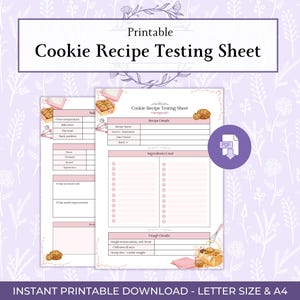 Könnte beinhalten: Ein druckbares Cookie-Rezept-Testblatt mit einem lila floralen Hintergrund. Das Blatt enthält Abschnitte für Rezeptdetails, Zutaten und Teigdetails. Der Text "Cookie Recipe Testing Sheet" wird prominent angezeigt. Der Text "INSTANT PRINTABLE DOWNLOAD - LETTER SIZE & A4" ist ebenfalls vorhanden.