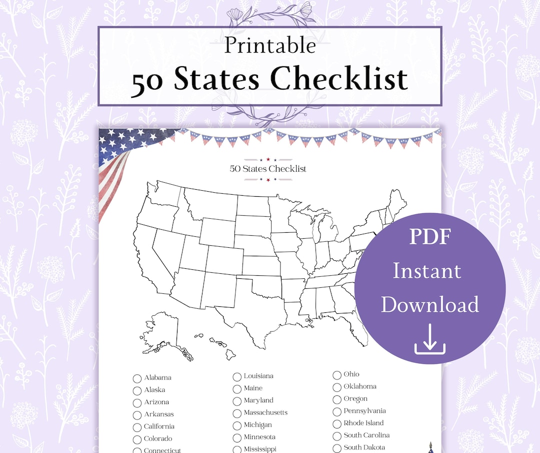 50 States Checklist Printable PDF States Visited Map Roadtrip
