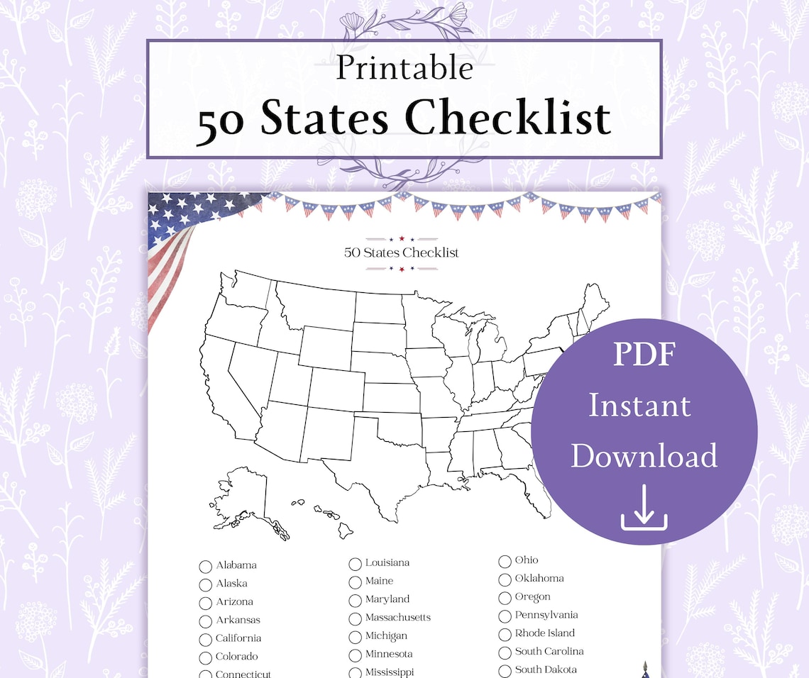 50 States Checklist Printable PDF | States Visited Map | Roadtrip