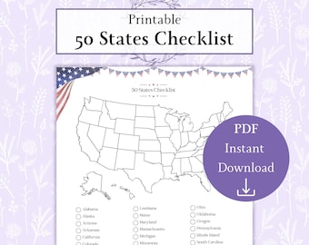 50 States Checklist Printable PDF | States Visited Map | Roadtrip Checklist | 50 States Tracker | 50 States Check Off