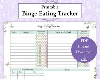 Binge Eating Tracker Printable PDF | Symptom Tracker | Emotional Eating Wellness Journal | Binge Eating Log