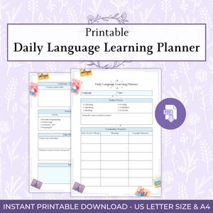 Daily Language Learning Planner Printable PDF, Language Study Tracker, Vocabulary & Grammar Practice Sheet, Study Planner
