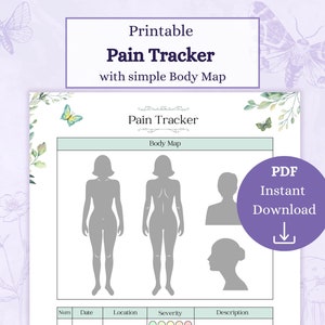 Puede incluir: Seguimiento de dolor imprimible con un mapa corporal simple. El seguimiento incluye una tabla con columnas para número, fecha, ubicación, gravedad y descripción. La columna de gravedad tiene una escala de colores con círculos. El mapa corporal incluye una vista frontal y posterior de una figura femenina, así como una vista lateral de la cabeza.